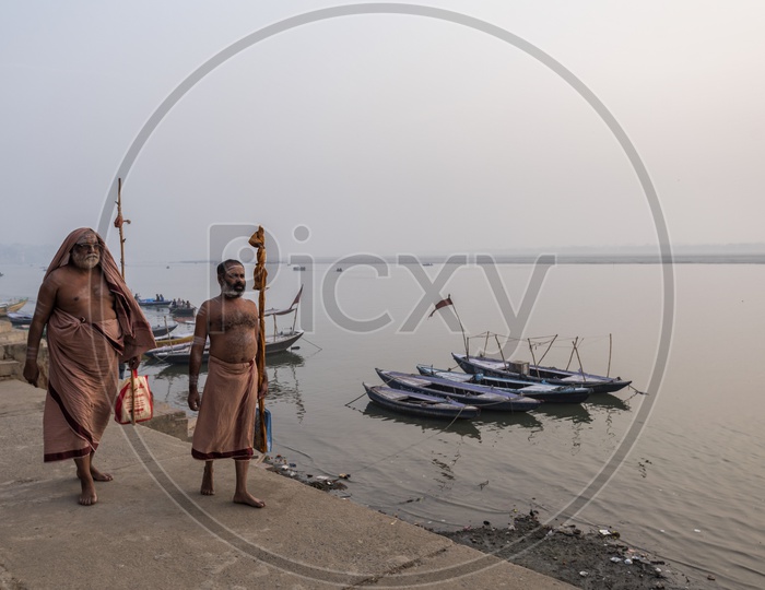 Indian hindu Priest on the River bank of Ganga in varanasi