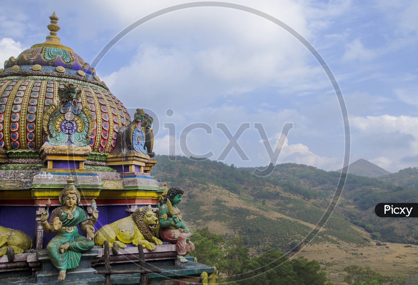 Landscape of beautiful Mountains of Ooty with Temple in Foreground