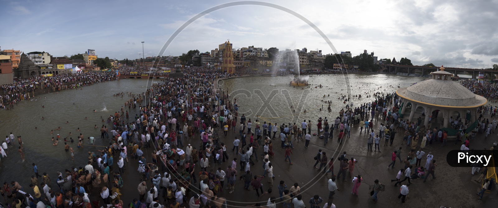 Panoramic Shot of Ramkund With Devotees  Taking holy Dip in River