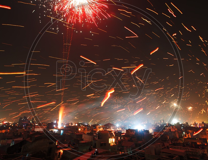 Diwali Celebrations Over a City Scpae  with Diwali Crackers