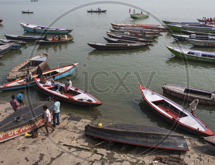 Sailing Boats in The River banks of  Ganga in Varanasi