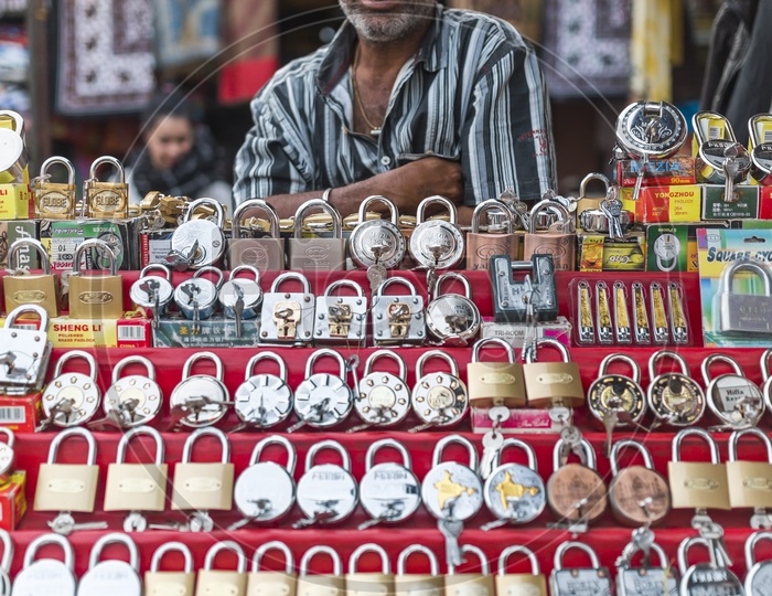 An Indian Street vendor selling the traditional old door locks in Jodhpur