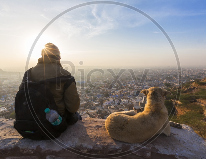 An Indian Man Sitting on a View Point In Mehrangarh Fort and Watching The Sunset Over The Jodhpur City witha Dog Besides Him