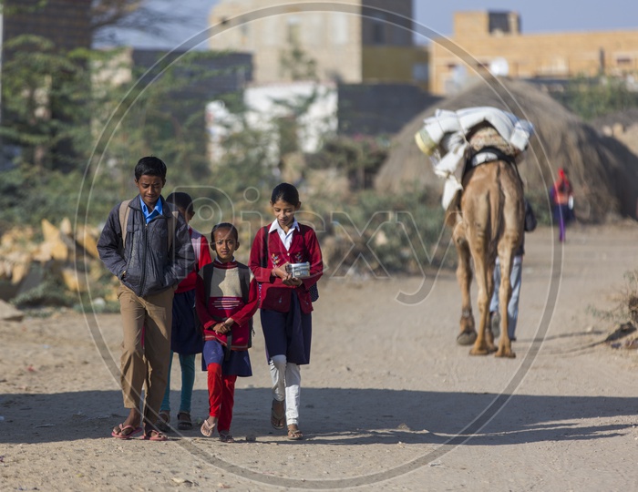 Indian School Children in School Uniform GOing to School In Jaisalmer , India