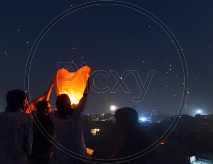 Indians Flying the Sky Lanterns in Gujarat