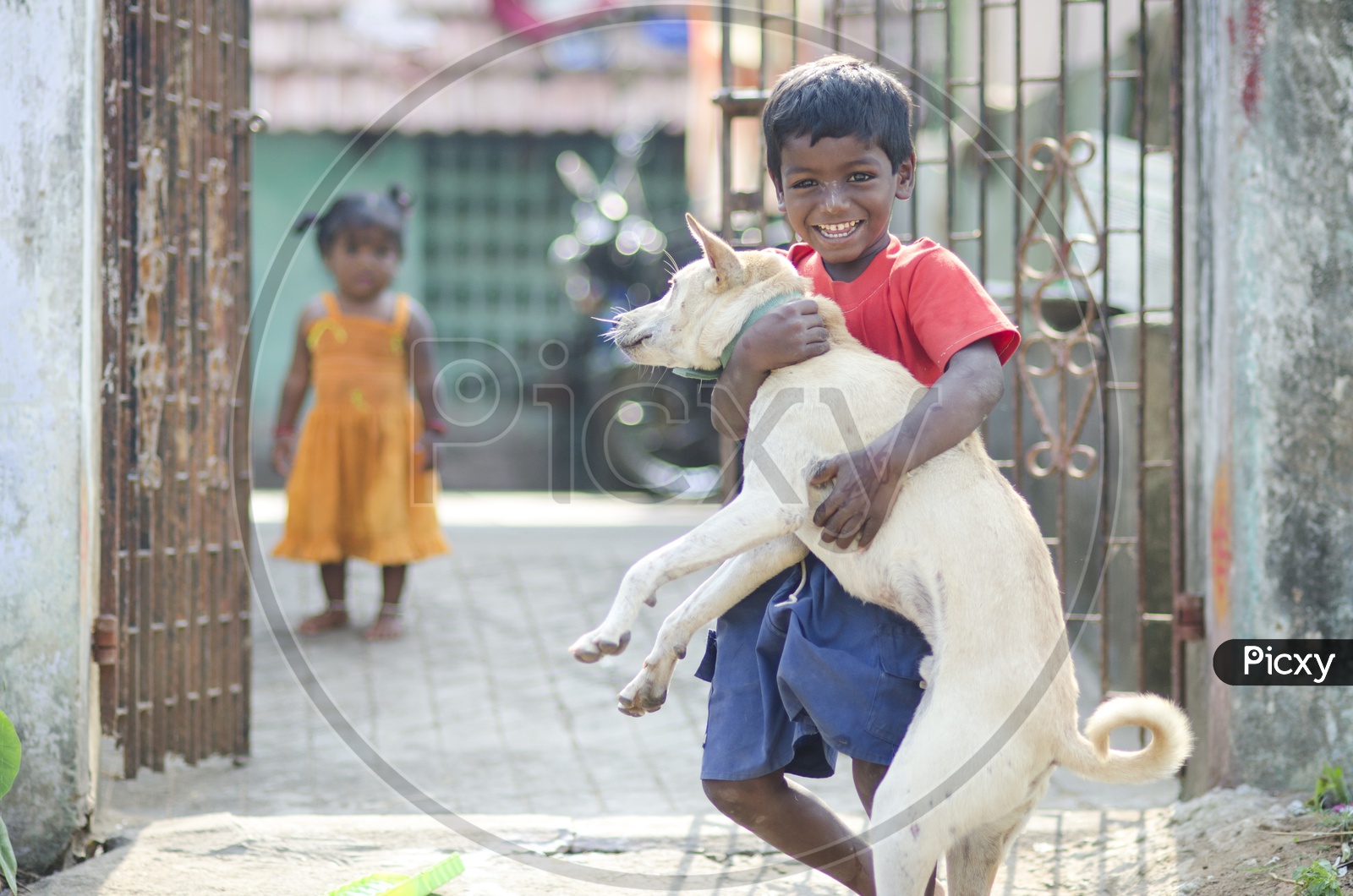 Indian kid holding dog in hands in the streets of Tamil Nadu
