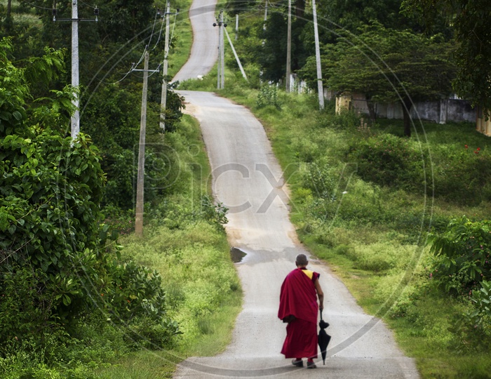Monk walking along the path way