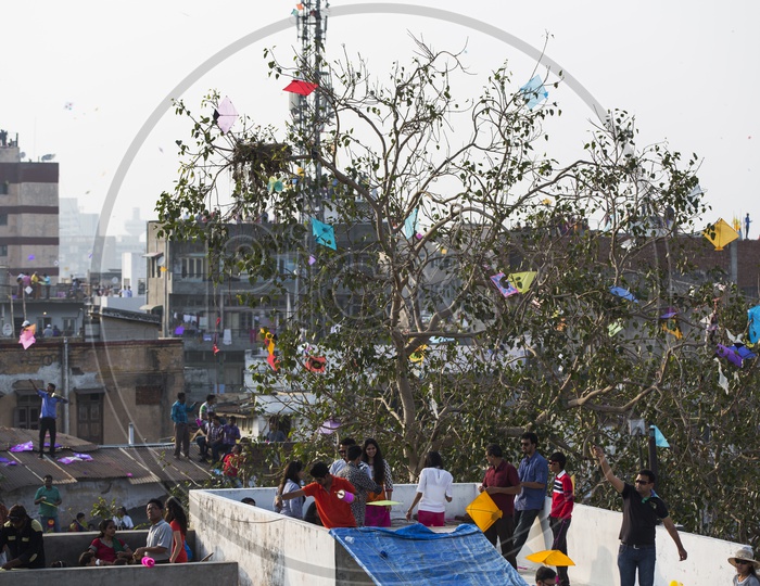 Indians Flying Kites On Their House Terrace in Gujarat