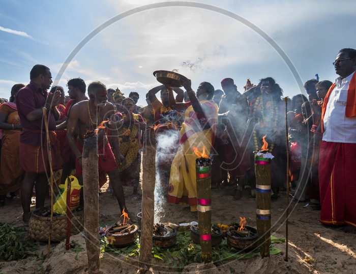 Hindu Devotees Performing holy Pooja in tamil Nadu For dussera
