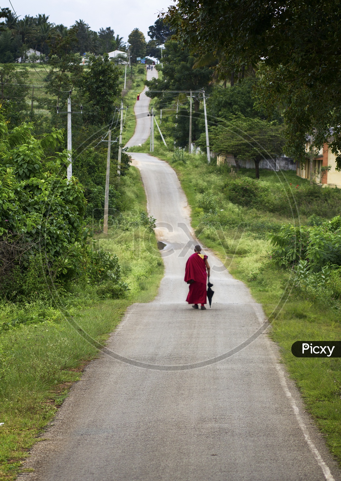Monk walking along on the road