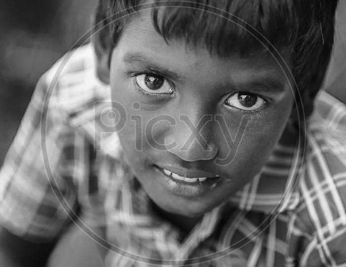 Black and White photograph of Indian rural kid