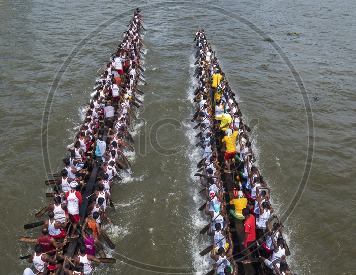 Oarsmen Rowing snake like  boats In Boat race Kerala