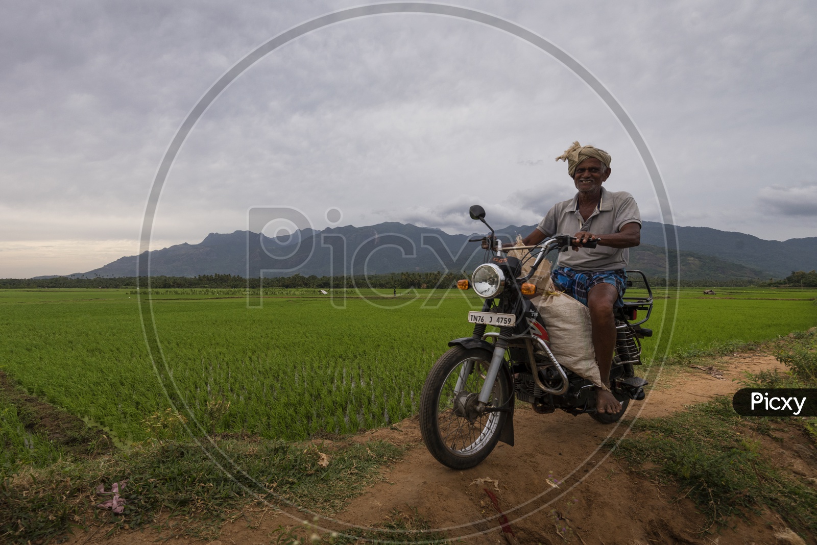 A Farmer Riding a Moped With a Smile in Paddy Fields