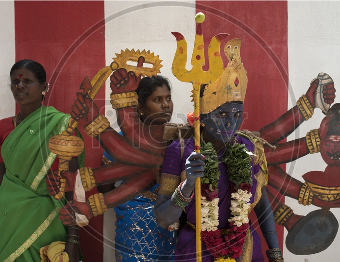 Hindu Devotees Makeup as Godess Durga Devi as a Ritual in Dussera Celebrations in Tamil Nadu