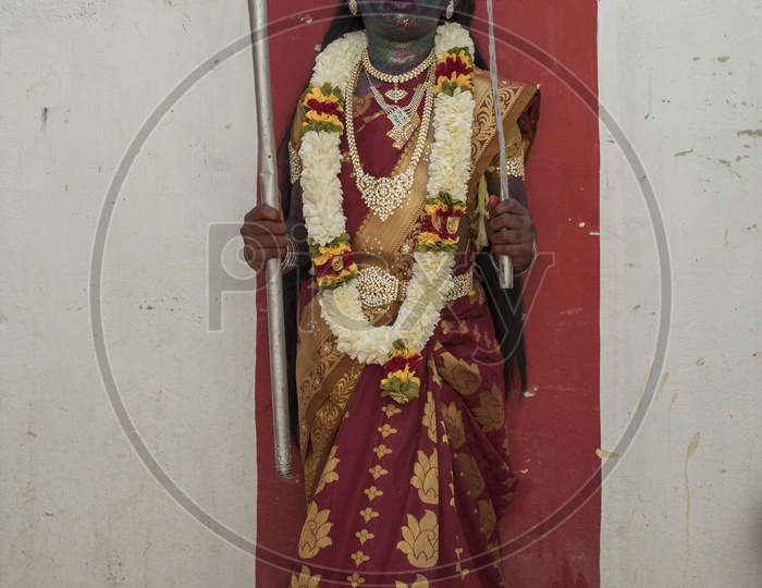 Indian hindu Devotee  Girl  Getup as Godess Durga Devi As a Part of Dussera Celebrations in Tamil Nadu