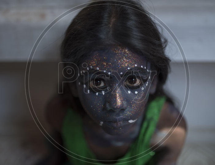 Indian hindu Devotee  Girl  In a makeup Session For Dussera Celebration ritual in Tamil nadu