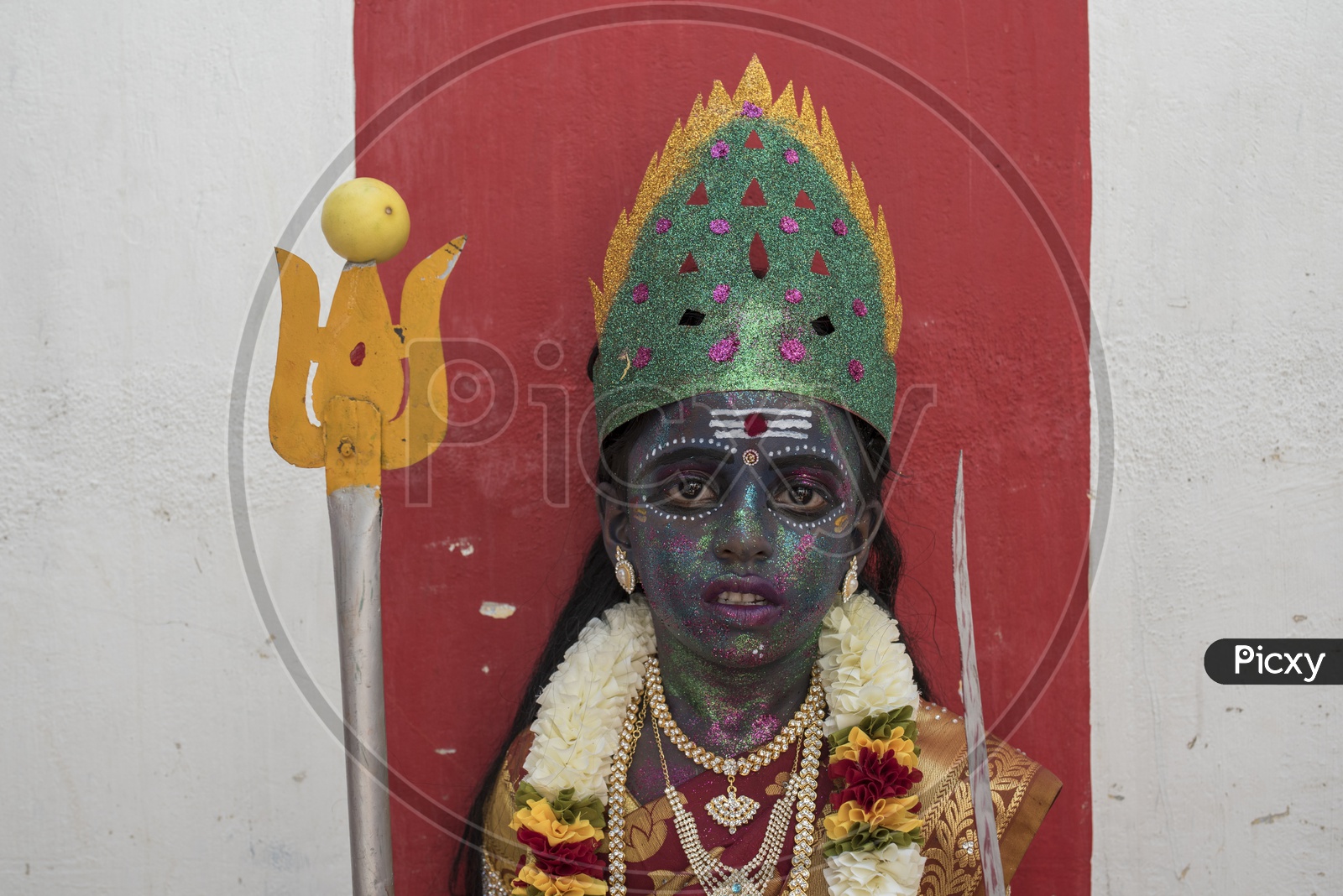 Indian hindu Devotee  Boy Getup as Godess Durga Devi As a Part of Dussera Celebrations in Tamil Nadu
