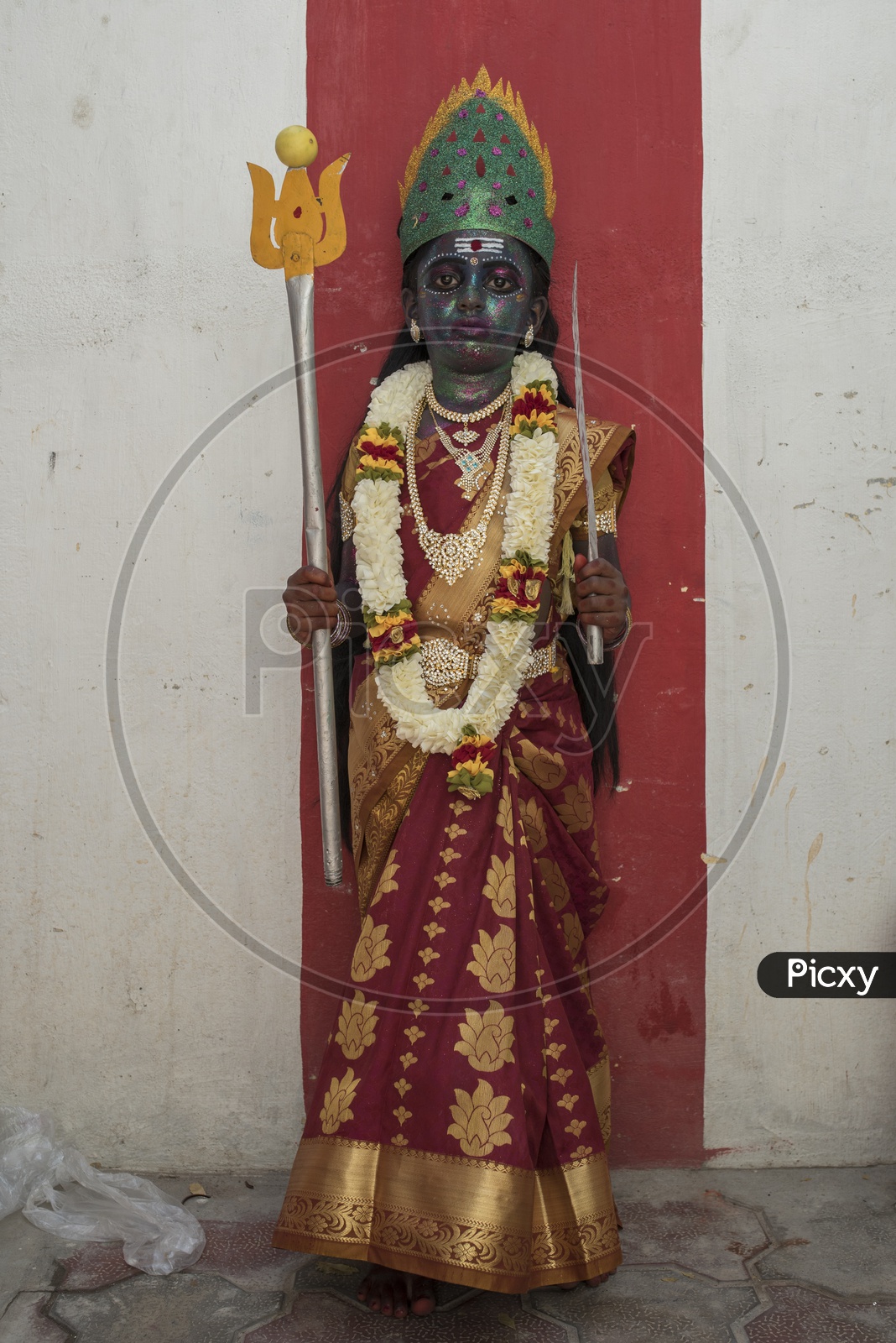 Indian hindu Devotee  Girl  Getup as Godess Durga Devi As a Part of Dussera Celebrations in Tamil Nadu