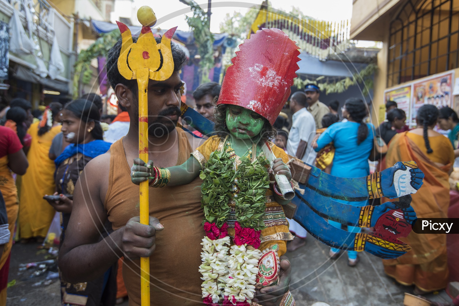 A Small Child in Godess Durga Matha Getup in Dussera Celebrations in Tamil Nadu