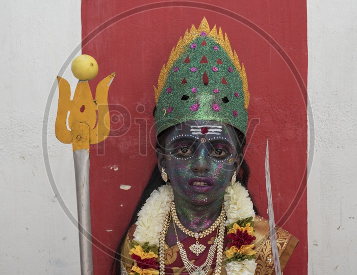 Indian hindu Devotee  Boy Getup as Godess Durga Devi As a Part of Dussera Celebrations in Tamil Nadu