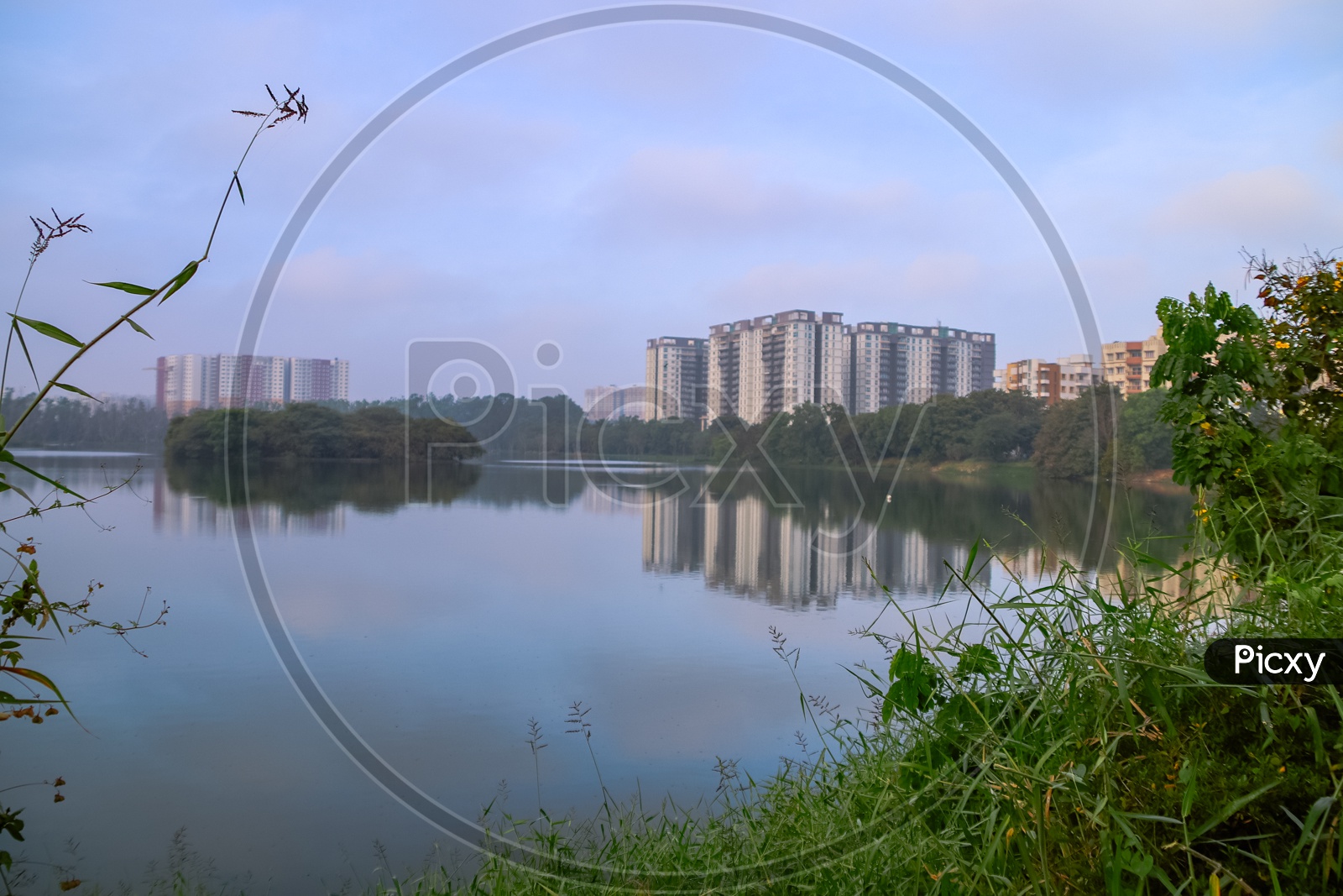 Landscape of buildings and lake