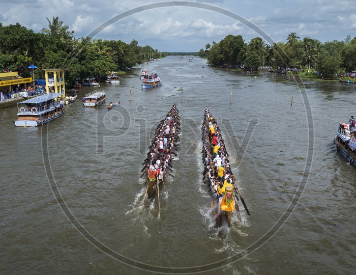 Oarsmen Rowing Snake like boats In Boat race Kerala