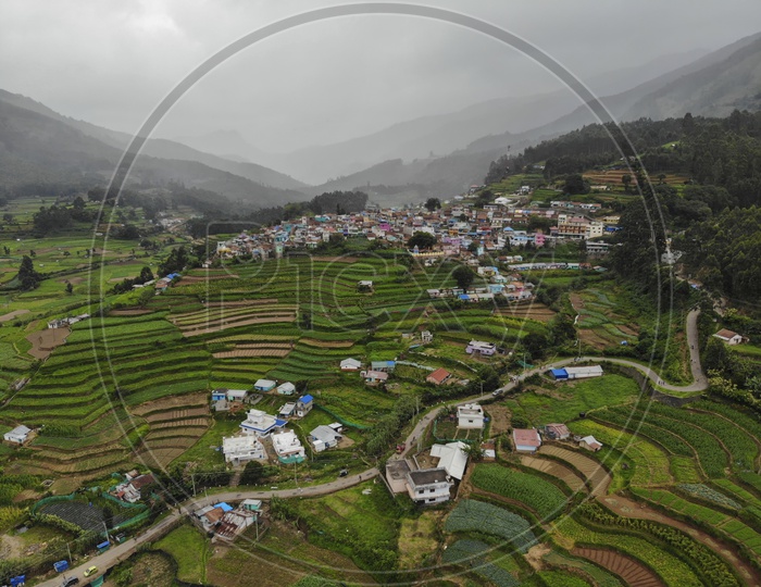 Aerial View of Munnar houses and fields