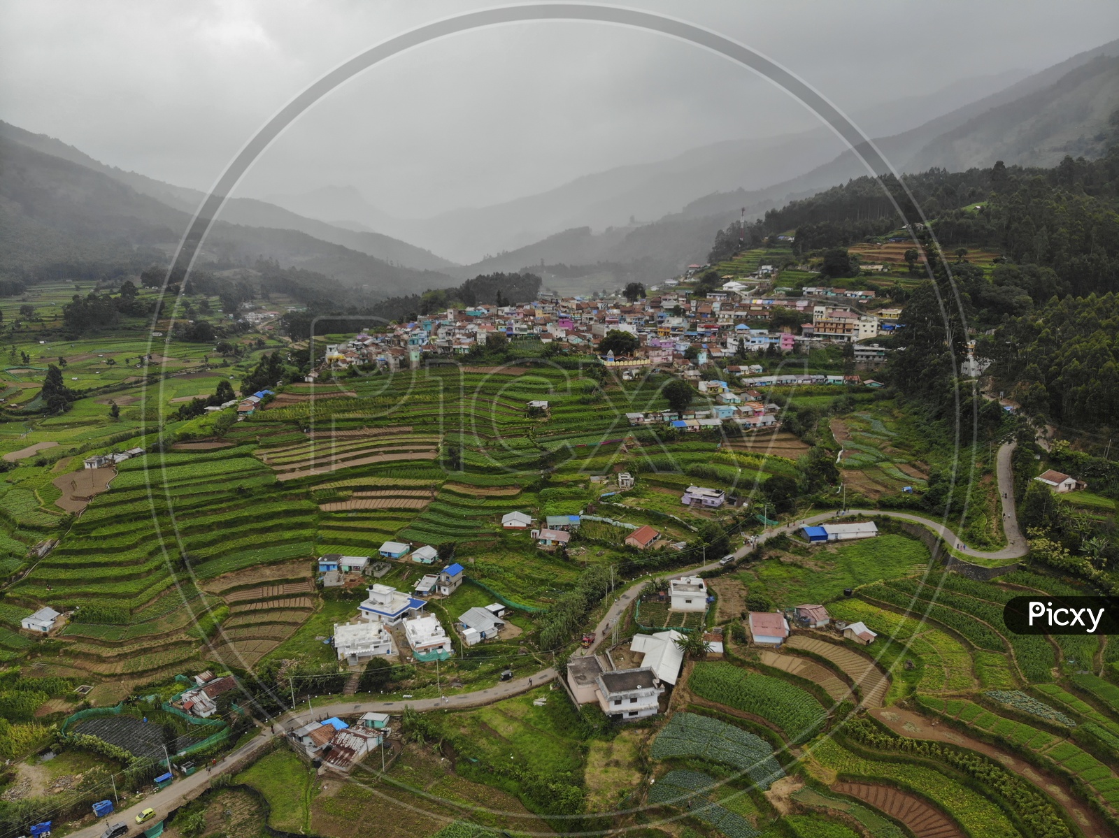 Aerial View of Munnar houses and fields