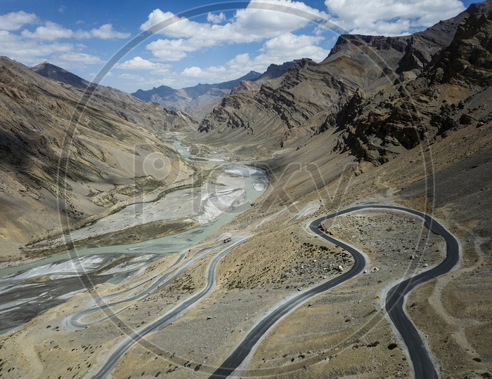 Landscapes of Leh with snow capped with Mountains & Roads