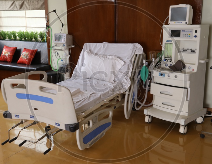 Patient's bed with the modern equipment in a Hospital