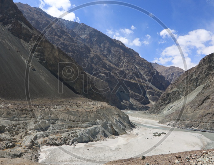 Beautiful Landscape of Snow Capped Mountains of Leh with lake in the foregroundb