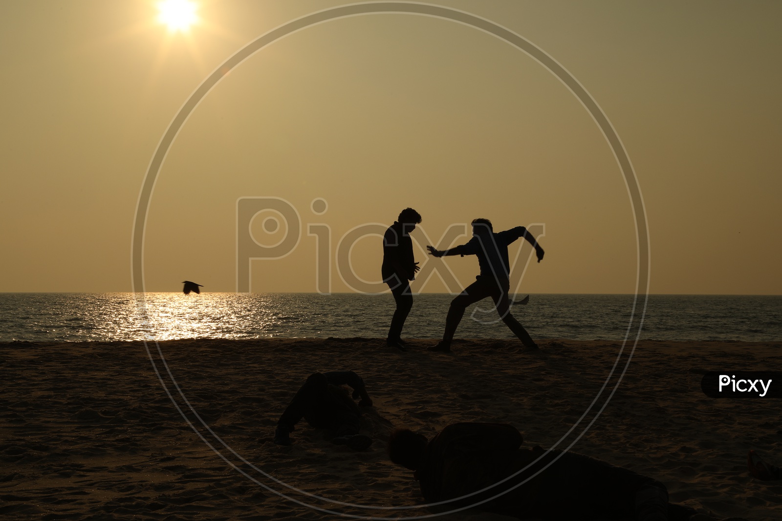 Silhouette of men fighting at a beach