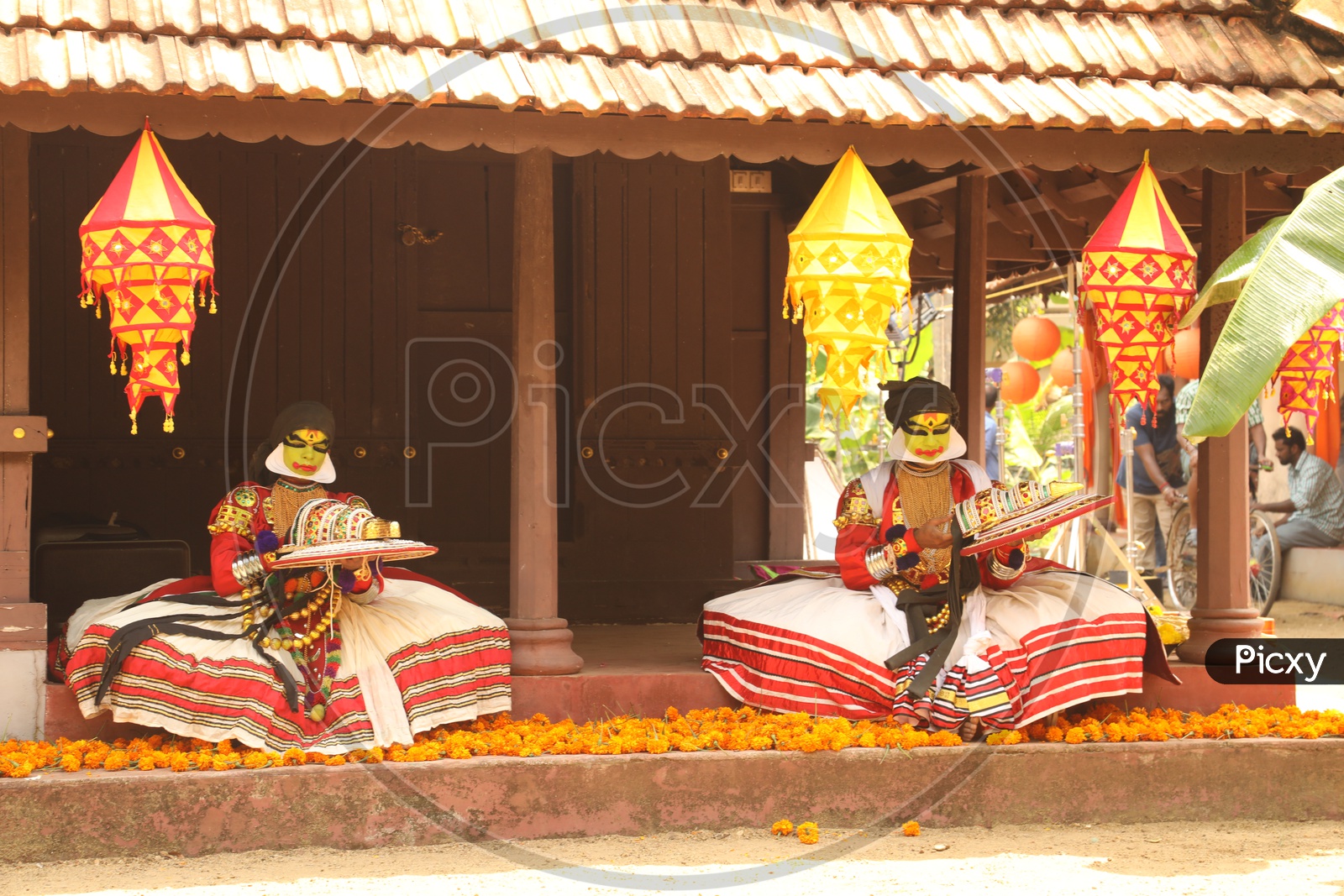kathakali dancers readying to perform dance