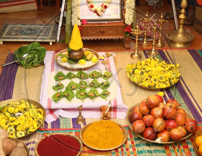 Indian Hindu Pooja Stalls With Hindu Gods and Pooja Plates  in A Home
