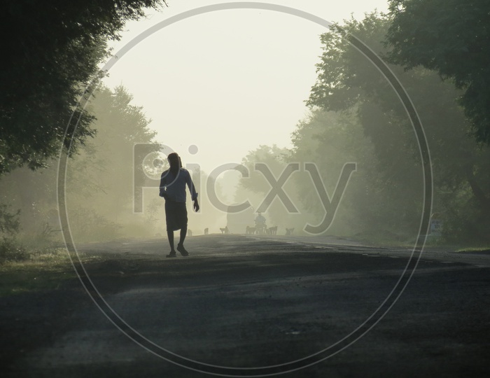 A Man Walking On a Road Covered  With Trees in a foggy morning in rural india