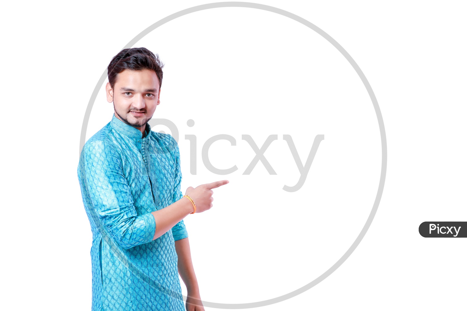 Indian Young Professional Man With a Smiling Face and Doing Gestures  to Space On an Isolated White Background