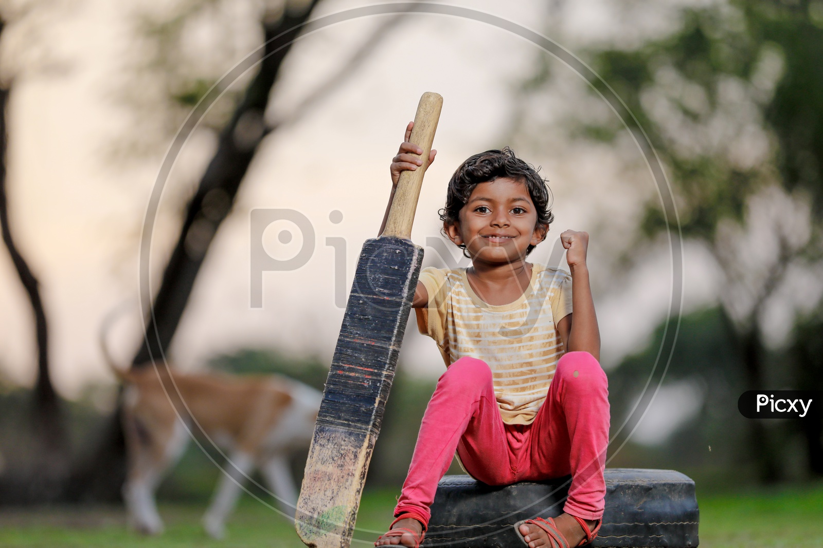 Indian Girl Child Playing Cricket