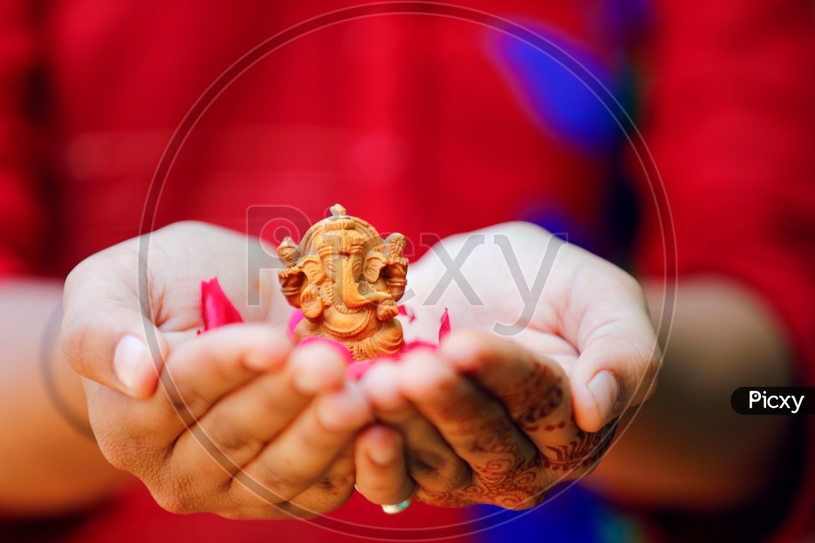 Ganesh Idol placed in hands and beautiful flowers