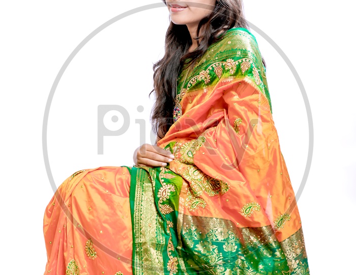 Indian Young Lady In Saree With Smiling Face and Expressions on an Isolated White Background