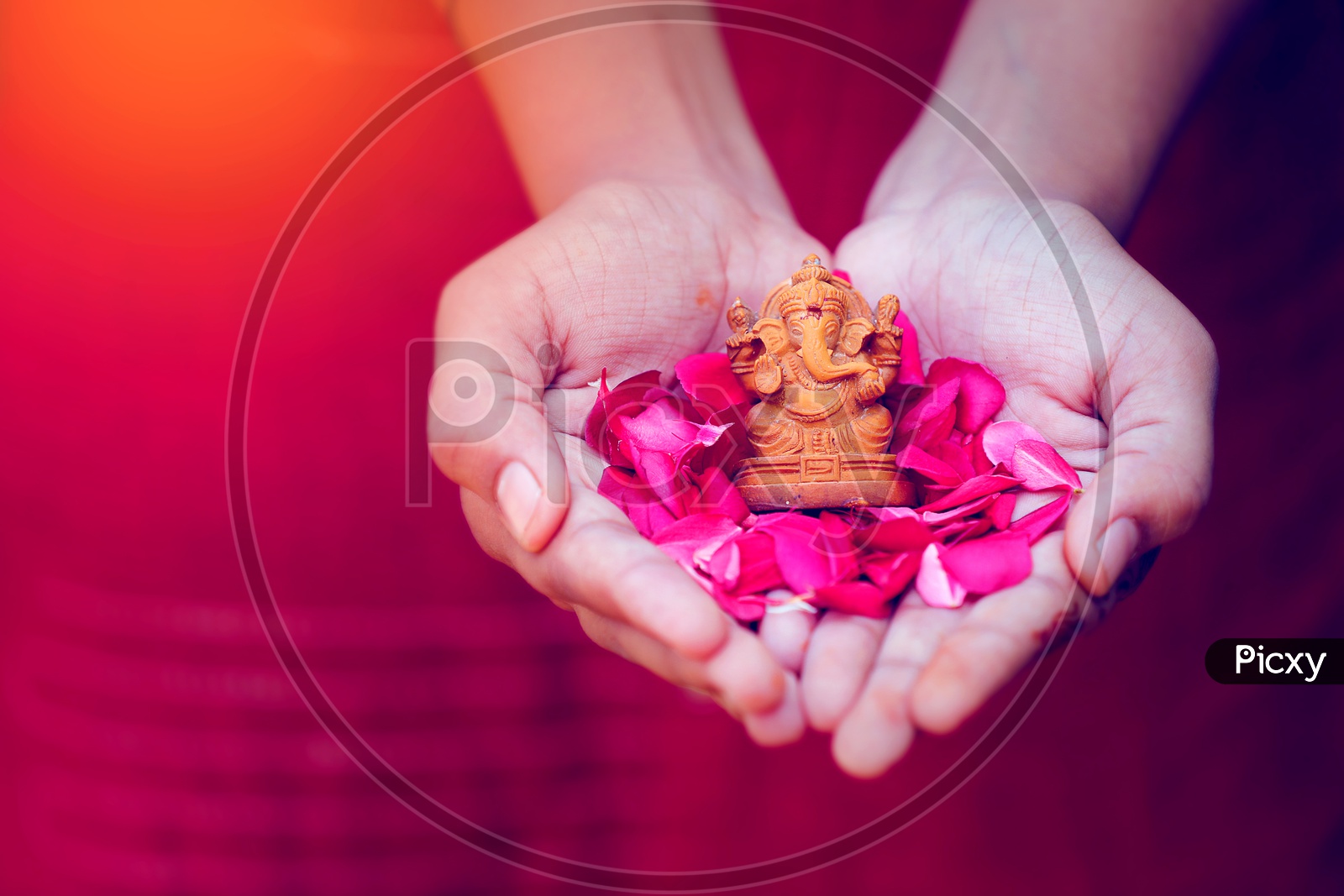 Ganesh Idol placed in hands and beautiful flowers
