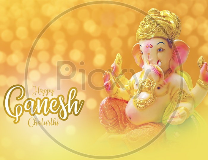 Happy Ganesh Charturthi Poster with Lord Ganesh Idol and beautiful Bokeh background