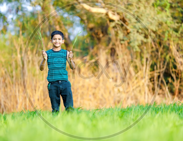 Indian Rural Boy/Child/Kid in Agricultural Fields with Smiling Face and Expression