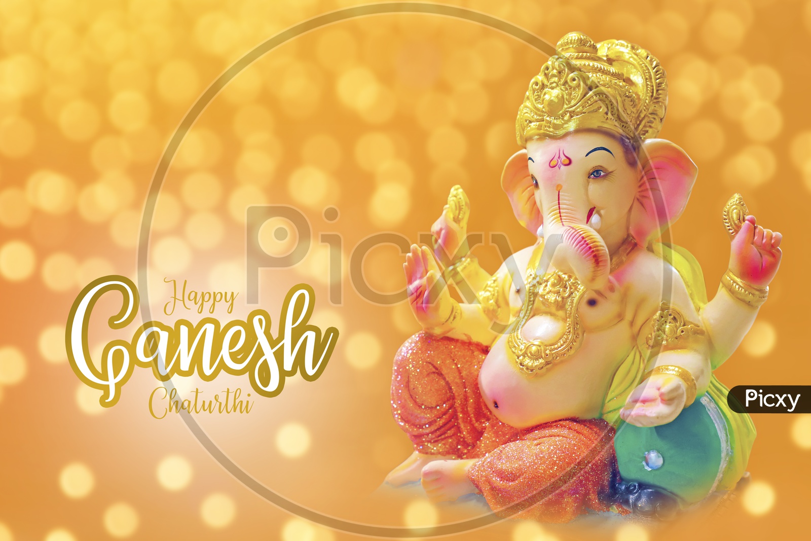 Happy Ganesh Chaturthi Poster with Lord Ganesh Idol and beautiful bokeh background