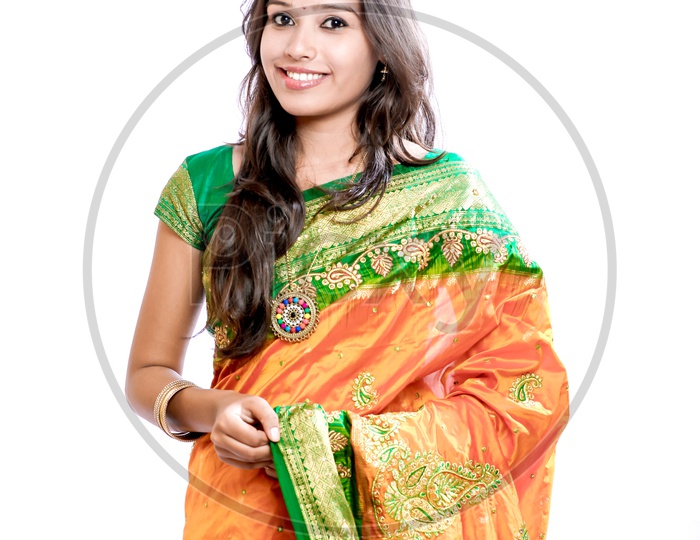 Indian Young Lady In Saree With Smiling Face and Expressions on an Isolated White Background