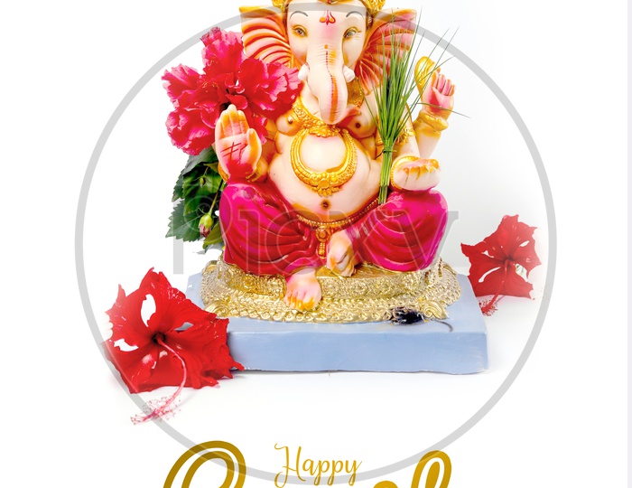 Happy Ganesh Chaturthi Poster with Lord Ganesh Idol and beautiful colours in the foreground
