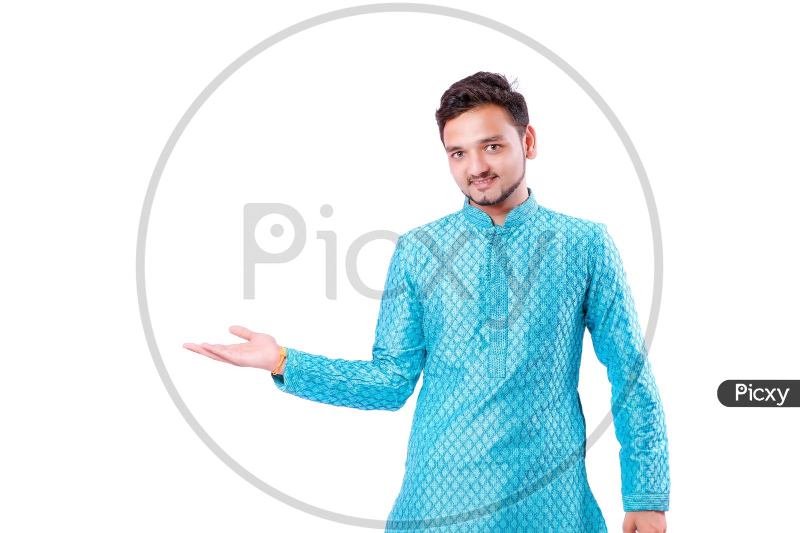 Indian Young Professional Man With a Smiling Face and Doing Gestures  to Space On an Isolated White Background