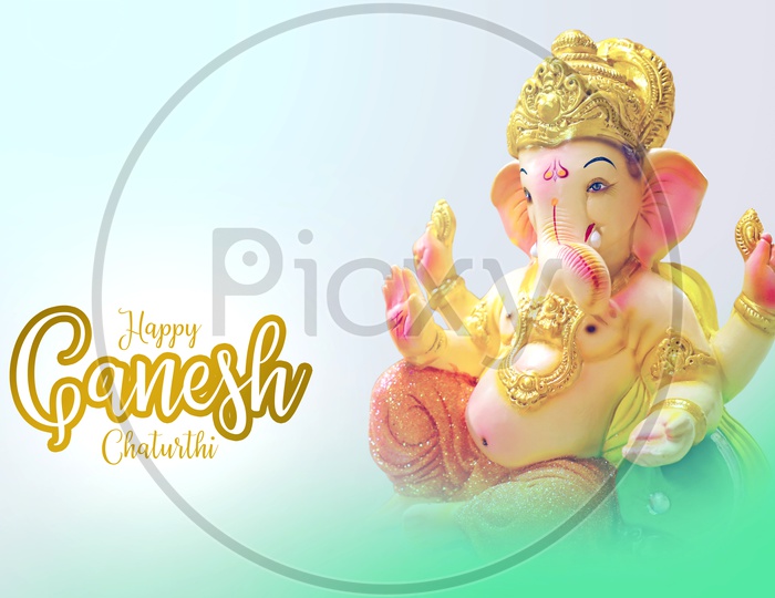 Happy Ganesh Charturthi Poster with Lord Ganesh Idol and  white background