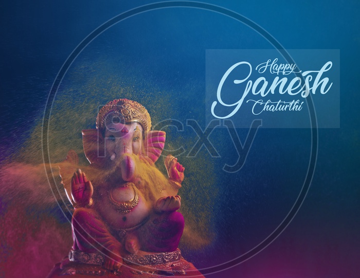 Happy Ganesh Chaturthi Poster with Lord Ganesh Idol and colour splash