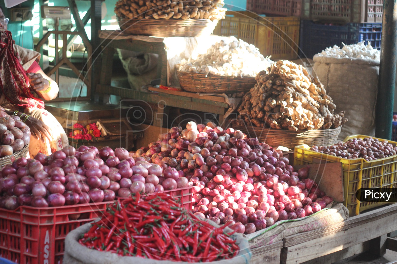 Onions and red chillis at Vegetable Market