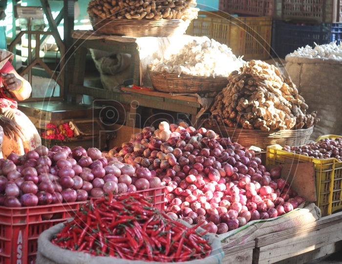 Onions and red chillis at Vegetable Market